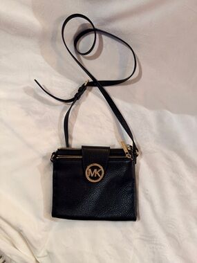 Michael Kors Black Leather Crossbody with Gold MK Accent